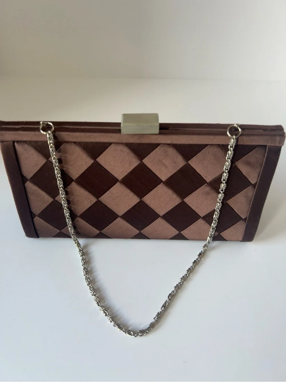 Vintage Katie Landry Brown Woven Satin Evening Clutch Purse w/ Chain Strap